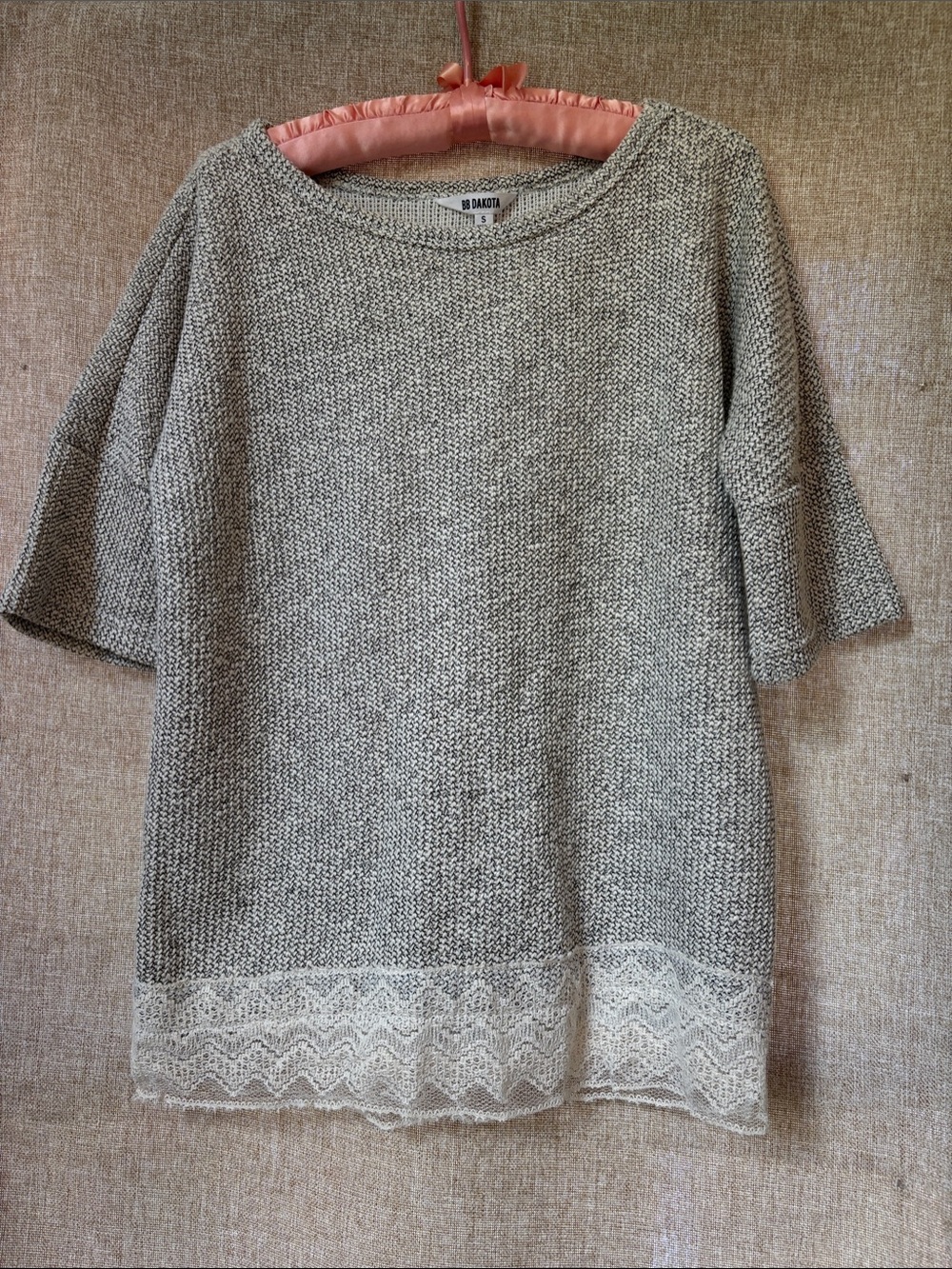 BB Dakota Heather Gray Scoop Neck Sweater with Cream Lace Hem